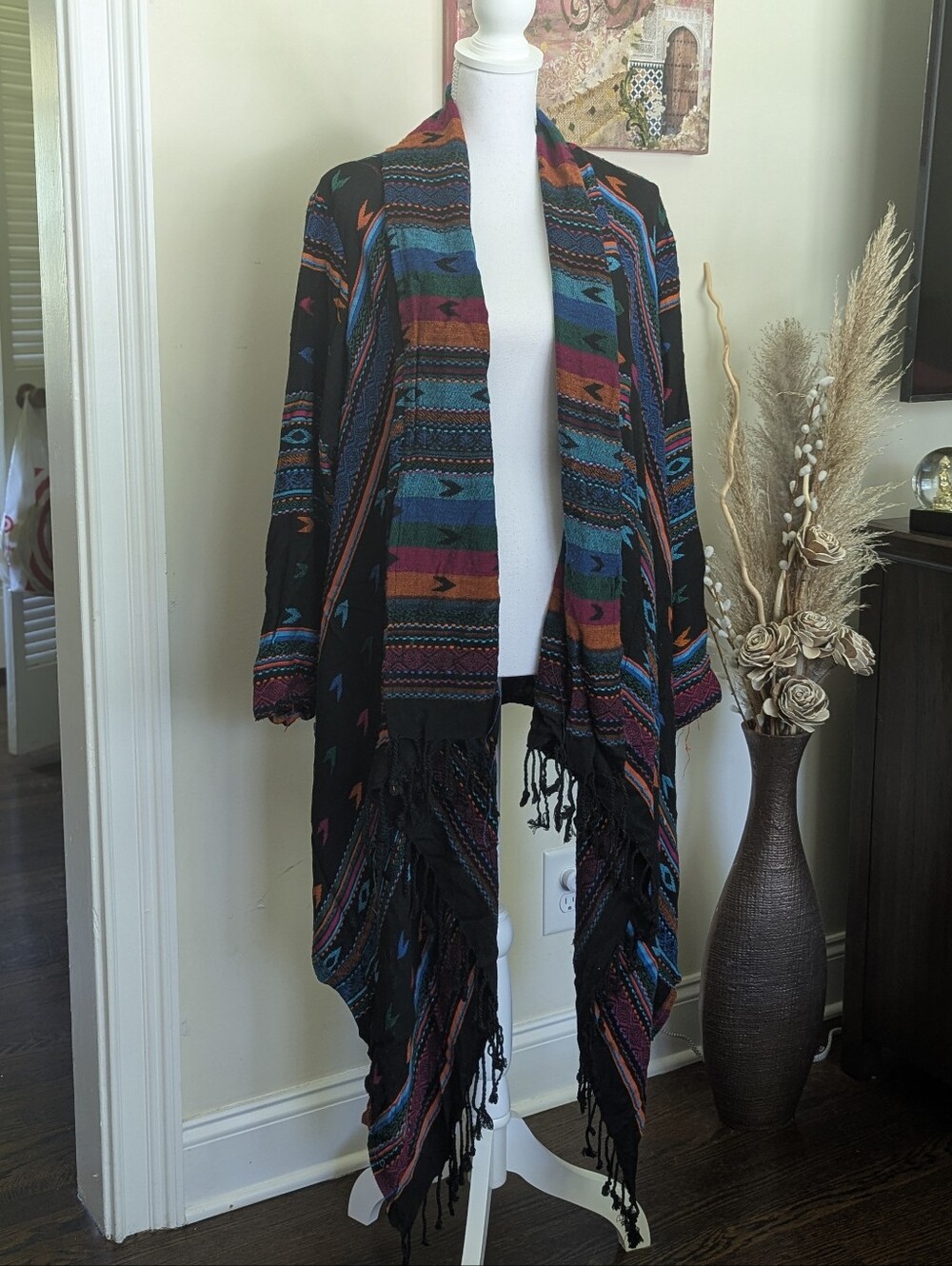Nostalgia Boho Southwest Geometric Fringed Kimono Cardigan Duster XL